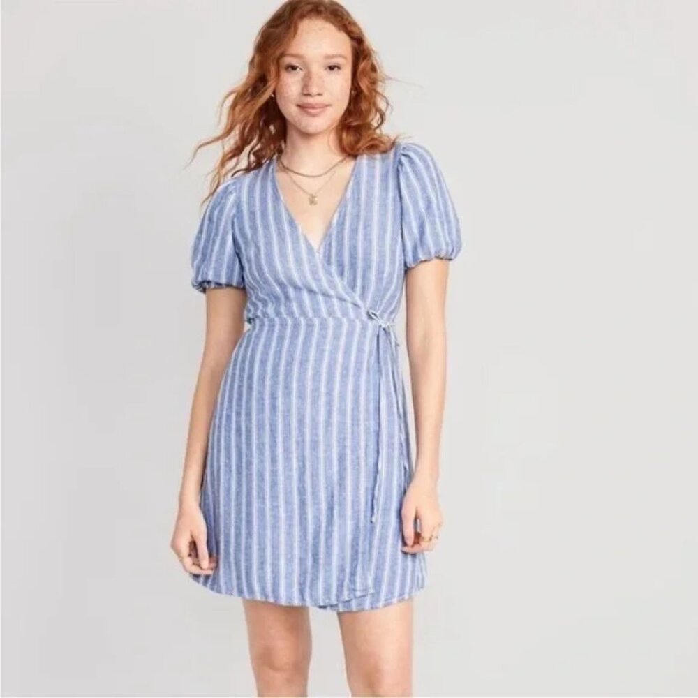 Old Navy Striped Linen Blend Wrap Dress XXL